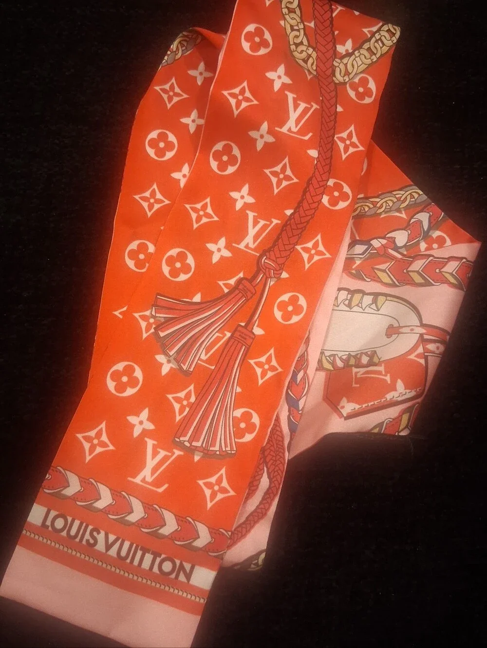 Louis Vuitton Orange & Pink Monogram Silk Twilly Scarf